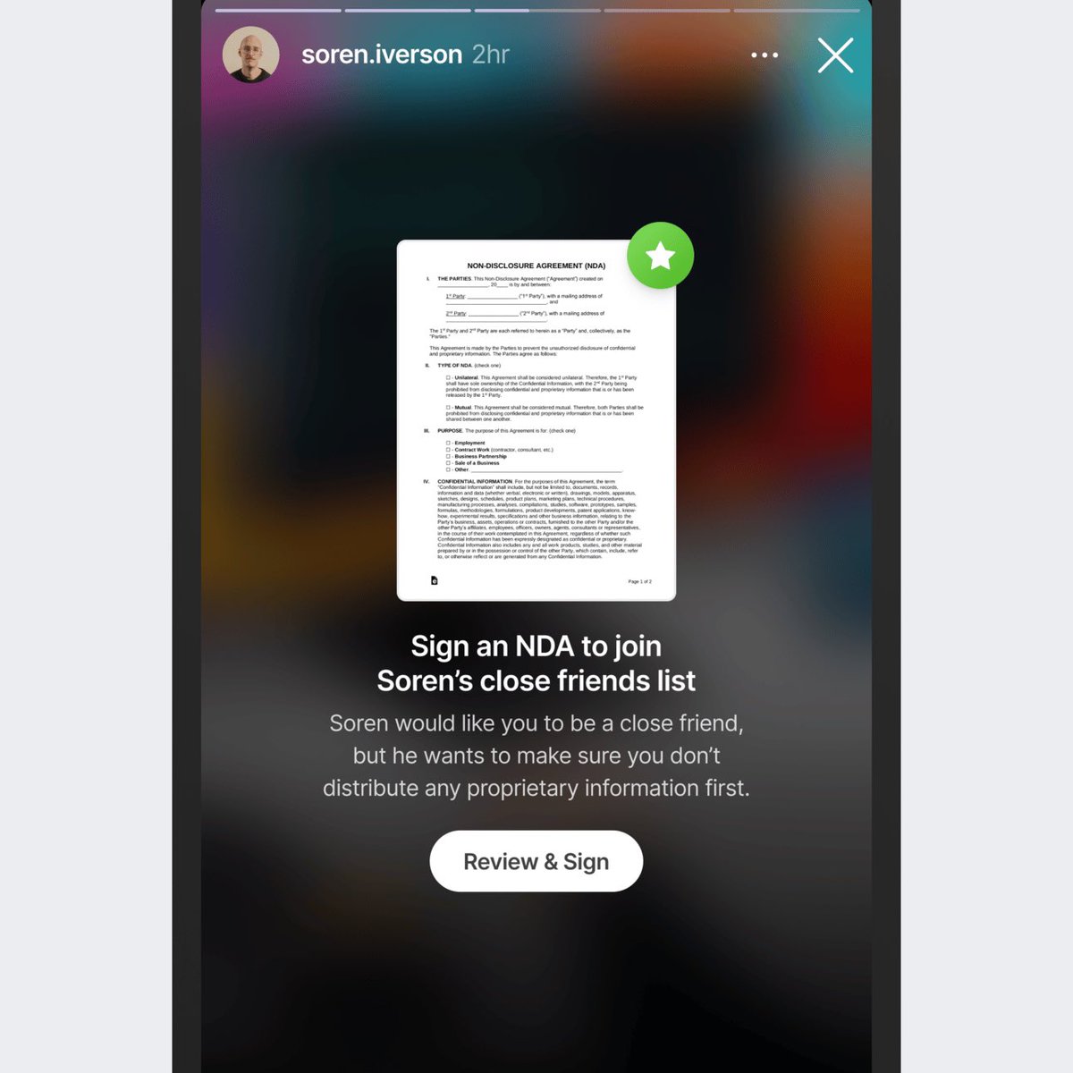 Instagram sign a non-disclosure to join someone’s close friends list