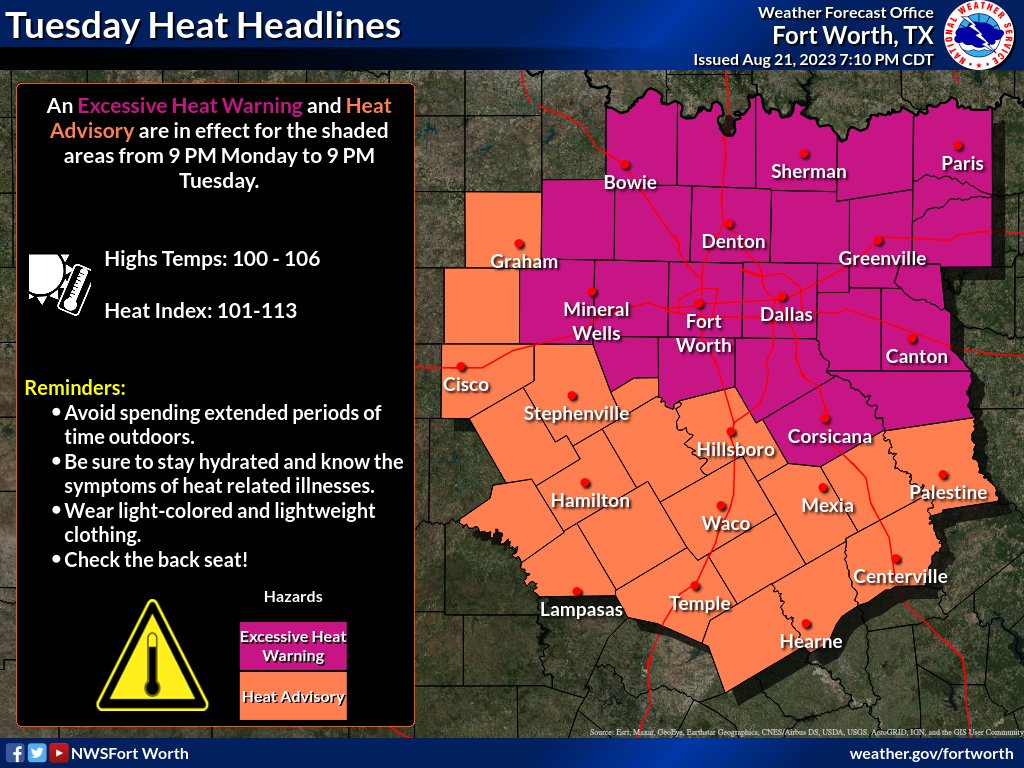 NWSFortWorth's tweet photo. Another day... more of the same! 🥵🔥
VERY HOT  ✅
CRITICAL FIRE THREAT ✅
Low rain chances far south Central TX 🤞
Stay cool everyone! #dfwwx #ctxwx #txwx https://t.co/iSh8Vp4tsm
