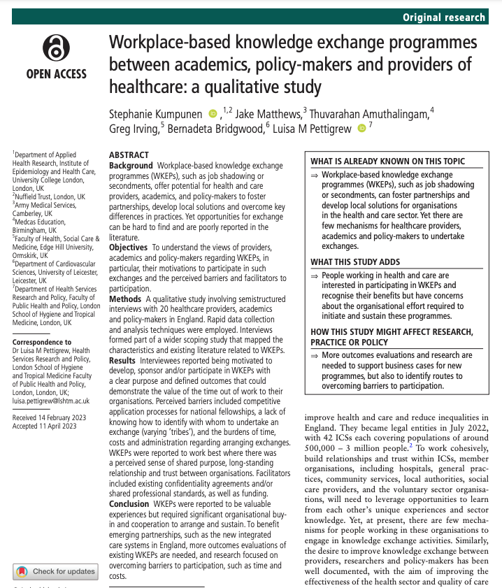 Interested in exchanges ↔️ in health and care❓ Have a👀at our papers: ⭐️Mapping opportunities for providers, policymakers & academics nature.com/articles/s4159… ⭐️Exploring their views bmjleader.bmj.com/content/early/… #integration @gregjirving @oliver_kathryn @IntegratedNHS @BMJLeader
