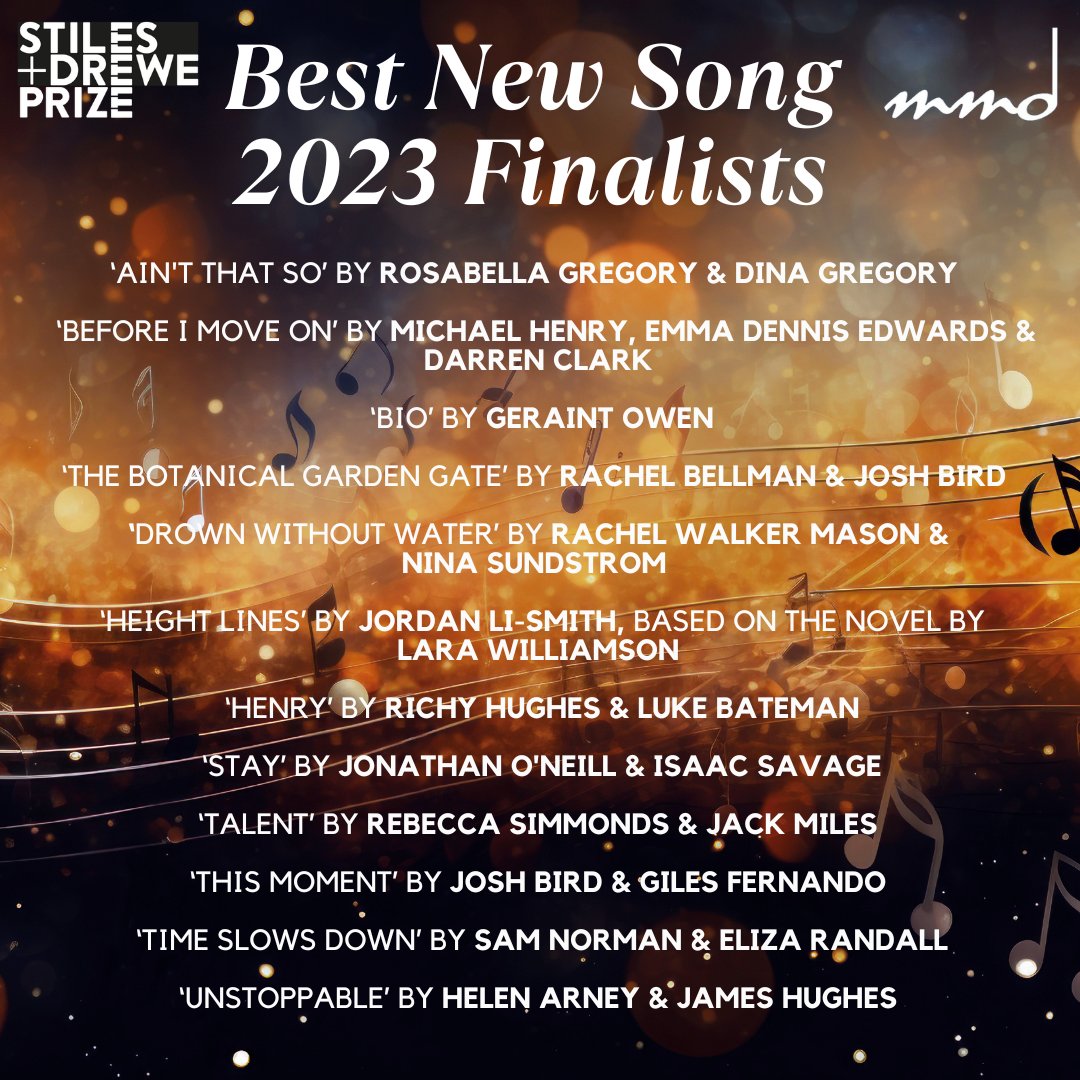 Stiles and Drewe (@stilesanddrewe) on Twitter photo 🥁 Drumroll, please! 🥁
We and <a href="/MercuryMusicals/">Mercury Musical Developments</a> are thrilled to announce the finalists of the Best New Song Prize '23!
Join us in concert on Mon 13th Nov at <a href="/TheOtherPalace/">The Other Palace</a> to hear these brilliant songs sung live by some of our brightest stars.
Tickets: shorturl.at/ikpuN 🥁 Drumroll, please! 🥁
We and <a href="/MercuryMusicals/">Mercury Musical Developments</a> are thrilled to announce the finalists of the Best New Song Prize '23!
Join us in concert on Mon 13th Nov at <a href="/TheOtherPalace/">The Other Palace</a> to hear these brilliant songs sung live by some of our brightest stars.
Tickets: shorturl.at/ikpuN