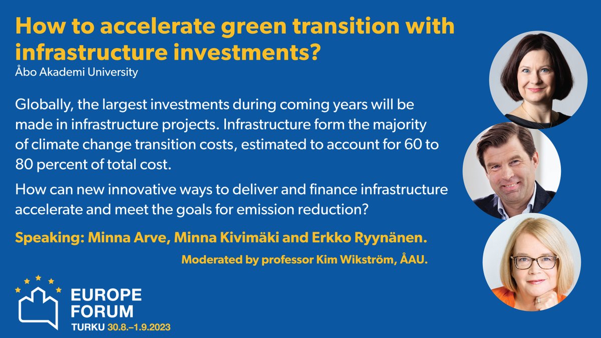 How to accelerate green transition with infrastructure investments? Join our panel discussion with Minna Arve, <a href="/minnaarve/">Minna Arve</a> Minna Kivimäki <a href="/Kivimakim/">Minna Kivimäki</a> and Erkko Ryynänen <a href="/ErkkoR/">Erkko Ryynänen</a>, @Opgroup Fri 31.08.2023, 13:00 at Köysiteatteri. Welcome! #eurooppafoorumi #europeforum #turku