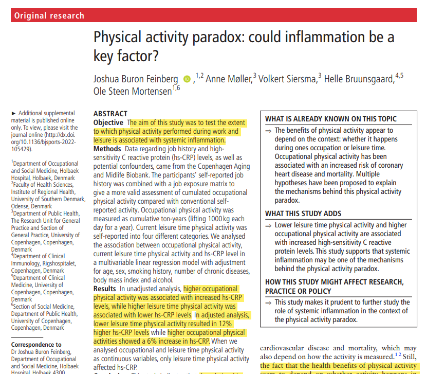 Well this is fascinating!!

Occupational physical activity raises markers of inflammation, while leisure-based physical activity has the opposite effect.

Really nicely-written paper, discussing the confounding variables as well as direct results. 👇👇