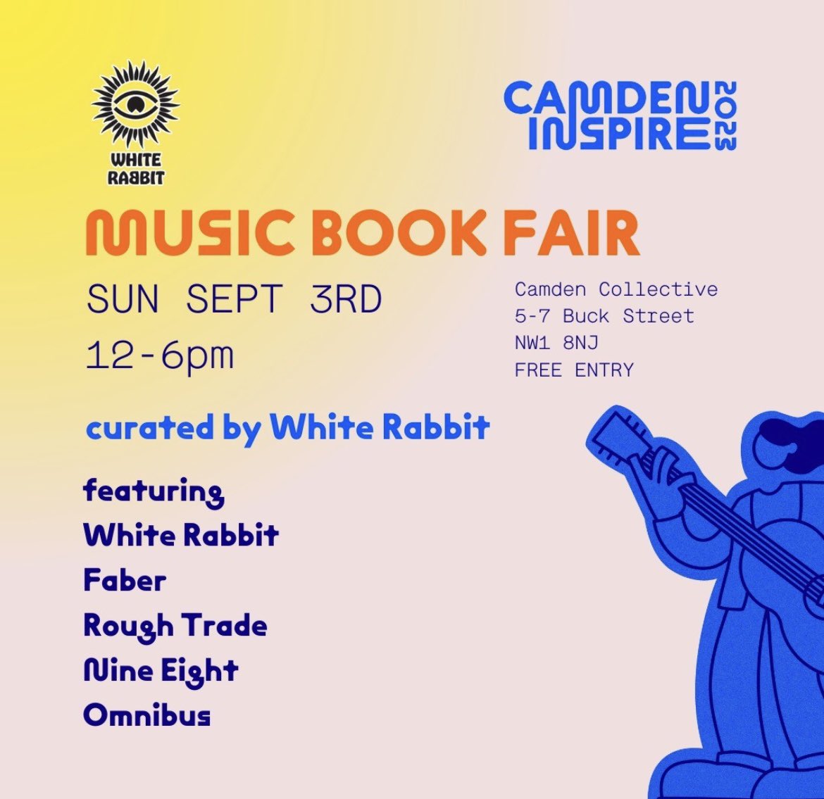Really pleased to finally announce @CamdenInspire’s first ever music book fair curated by @WhiteRabbitBks, including @FaberBooks, @RoughTradeBooks, @nineeightbooks & @OmnibusPress taking place 3 September. Books sold by the brilliant @realmagicbooks ✨ #musicbooks