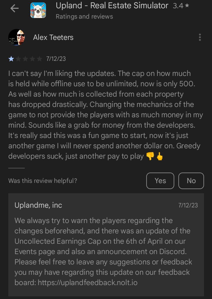 Upland10percent's tweet image. 1 star review @UplandMe #Play2earn #GreedyDevelopers 🤑🤡