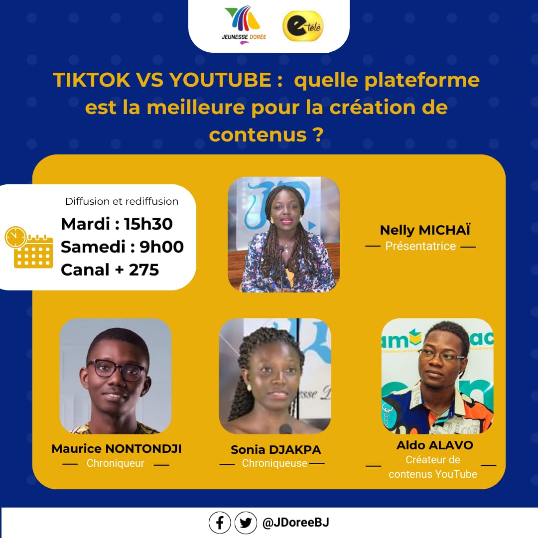 🟥 #TikTok Vs #YouTube 
Près de 80% du trafic #Internet est représenté par les flux vidéos. Maurice Nontondji et Sonia Mawulawoè Djakpa reçoivent Aldo Dave Alavo , créateur de contenus vidéos sur #YouTube 

RDV ce mardi à 15h30 pour suivre #JDoreeBJ sur le canal 275.

#JDoreeBJ