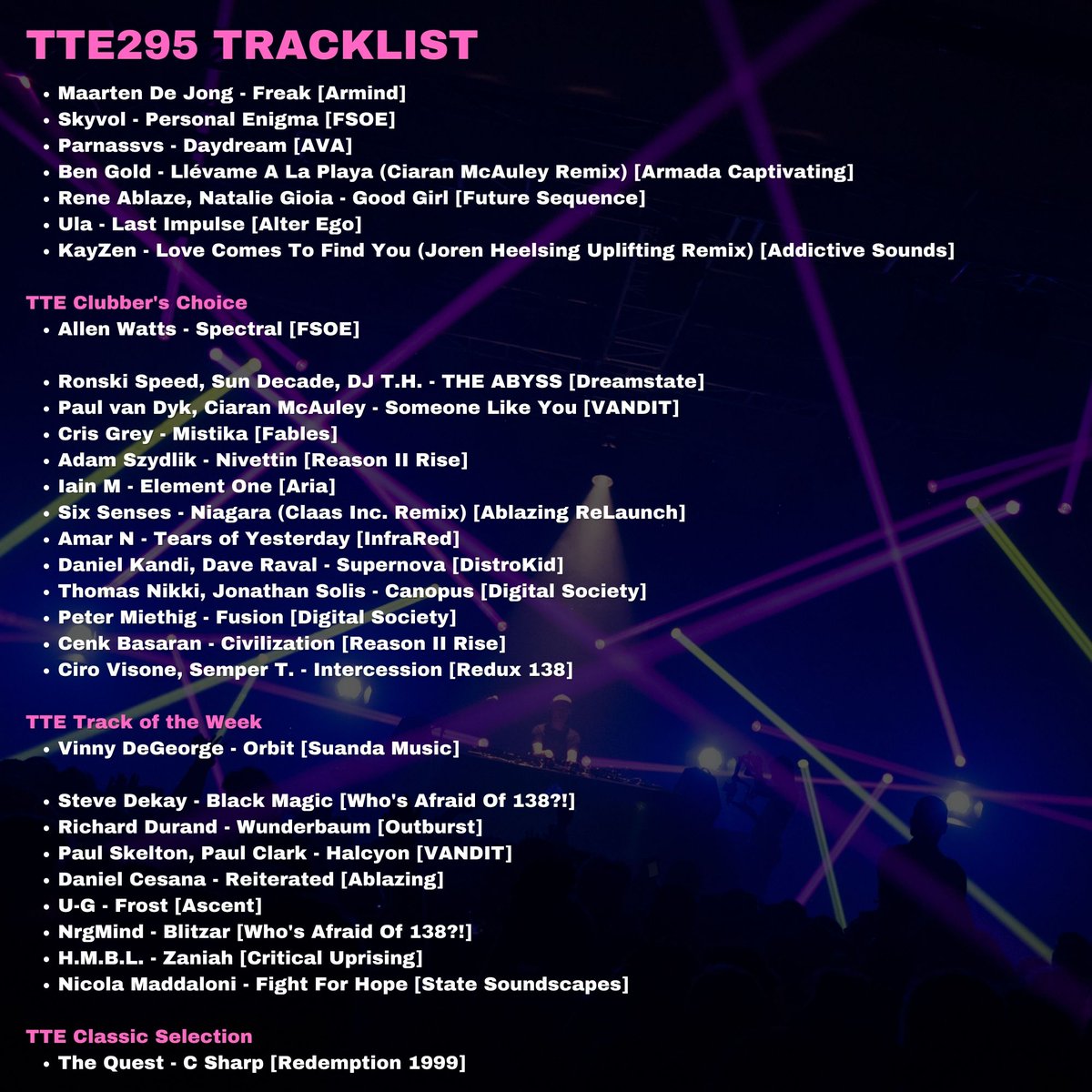 The Trance Empire (@thetranceempire) on Twitter photo An epic 30 track mix for episode 295 of The Trance Empire π₯
Get the full show π lnk.to/TTE295
New music from <a href="/cnkbasaran/">Cenk Basaran</a>, <a href="/claas_von/">Claas Inc.</a>, <a href="/DanielCesana/">Daniel Cesana</a>, <a href="/hmbl_official/">H.M.B.L.β</a>, <a href="/djmaartendejong/">Maarten de Jong</a>, <a href="/NrgMind/">NrgMind</a>, <a href="/parnassvsmusic/">Parnassvs</a>, <a href="/PAULVANDYK/">Paul van Dyk</a>, <a href="/ReneAblaze/">Rene Ablaze</a>, <a href="/Richard_Durand/">Richard Durand</a>, An epic 30 track mix for episode 295 of The Trance Empire π₯
Get the full show π lnk.to/TTE295
New music from <a href="/cnkbasaran/">Cenk Basaran</a>, <a href="/claas_von/">Claas Inc.</a>, <a href="/DanielCesana/">Daniel Cesana</a>, <a href="/hmbl_official/">H.M.B.L.β</a>, <a href="/djmaartendejong/">Maarten de Jong</a>, <a href="/NrgMind/">NrgMind</a>, <a href="/parnassvsmusic/">Parnassvs</a>, <a href="/PAULVANDYK/">Paul van Dyk</a>, <a href="/ReneAblaze/">Rene Ablaze</a>, <a href="/Richard_Durand/">Richard Durand</a>,