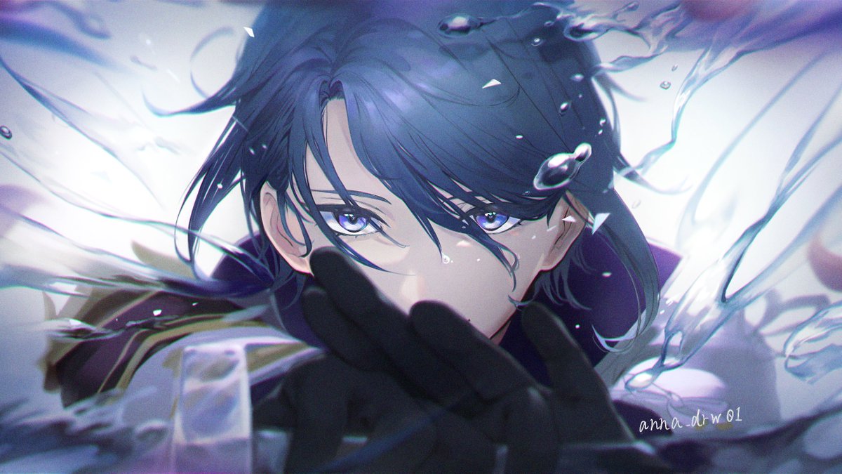 kamisato ayato 1boy male focus solo gloves black gloves blue hair water  illustration images