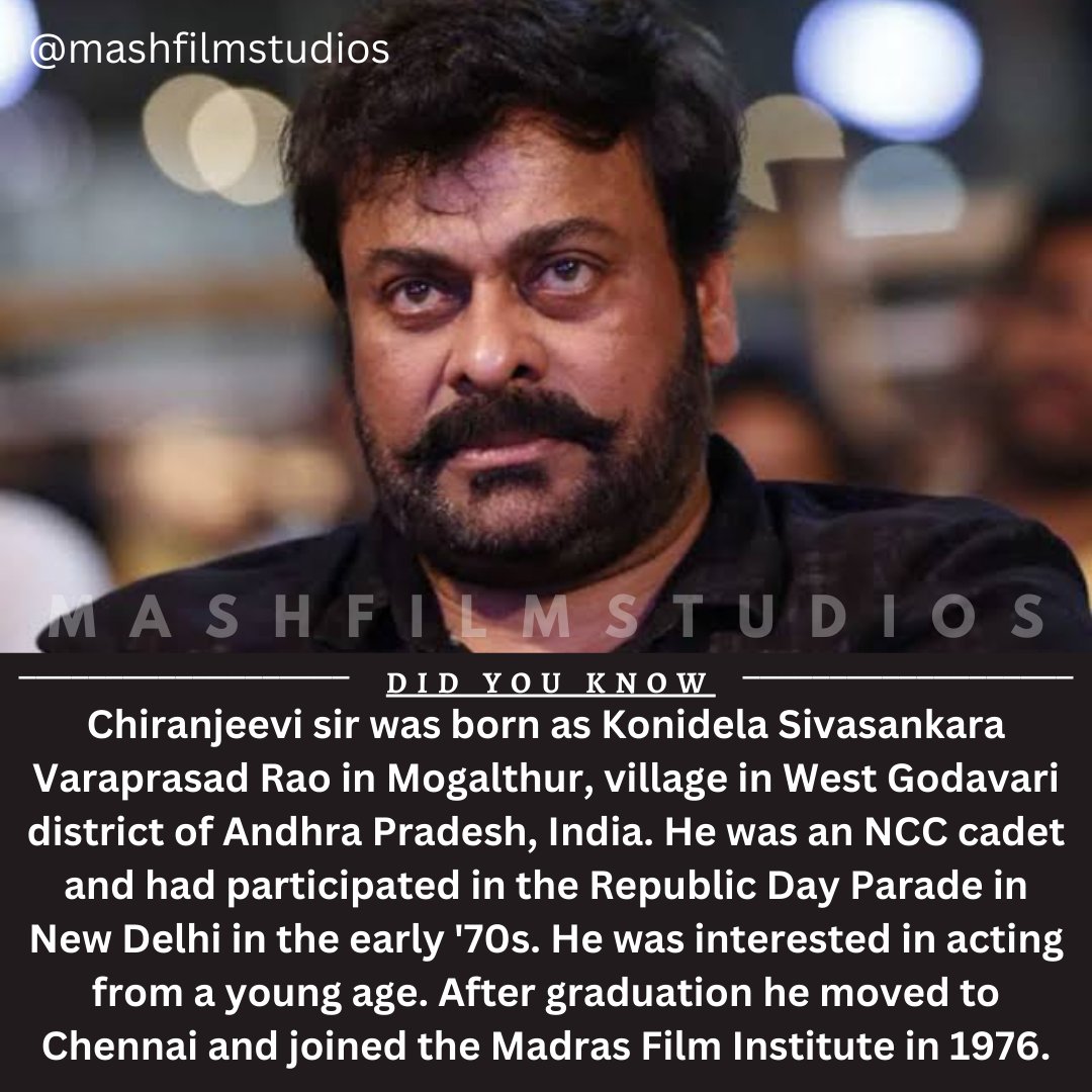 Happy birthday @KChiruTweets

For interesting facts about Indian cinema. 
Do follow us @mashfilmstudios 
#chiranjeevi #madrasfilminstitute #pranamkhareedu #bholashankar #godfather #bhramastra #ponniyinselvan #happybirthday #mashfilmstudios