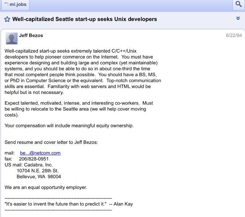Jeff Bezos posted the first job opening at Amazon on this day in 1994.