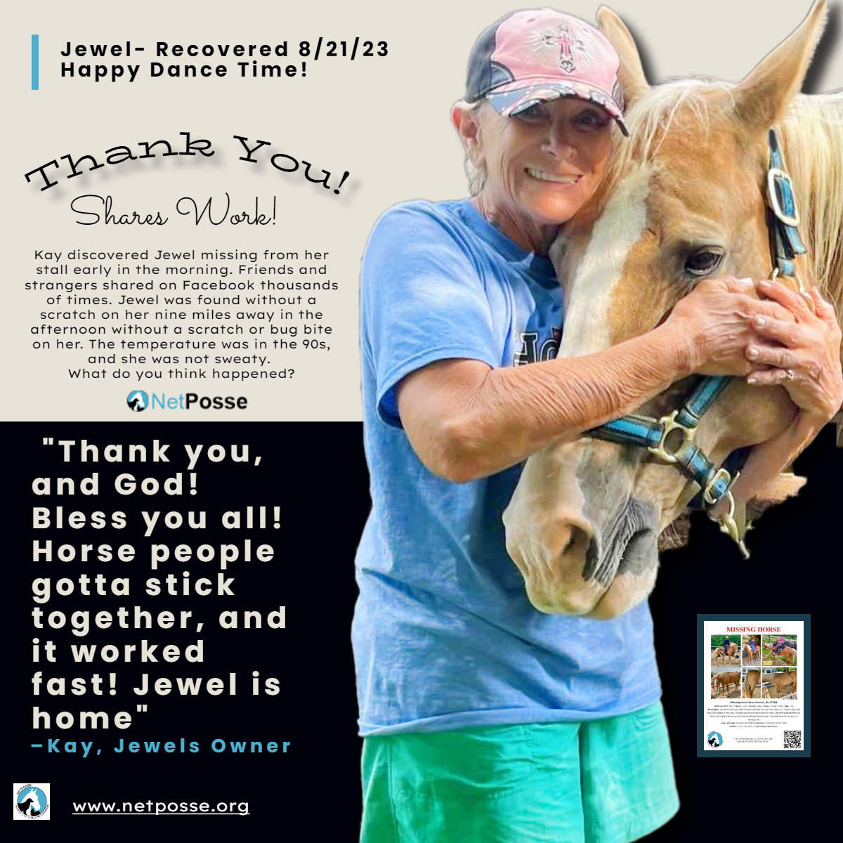 netposse's tweet photo. Jewel is home safe. Kay discovered Jewel missing from her stall early in the morning. Jewel was found 9 miles away in the afternoon without a scratch or bug bite on her. #horses #equine #horse #netposse #netpossealert #nevergiveup #BringThemHome #stolenhorseinternational https://t.co/k6KJDYzQp5