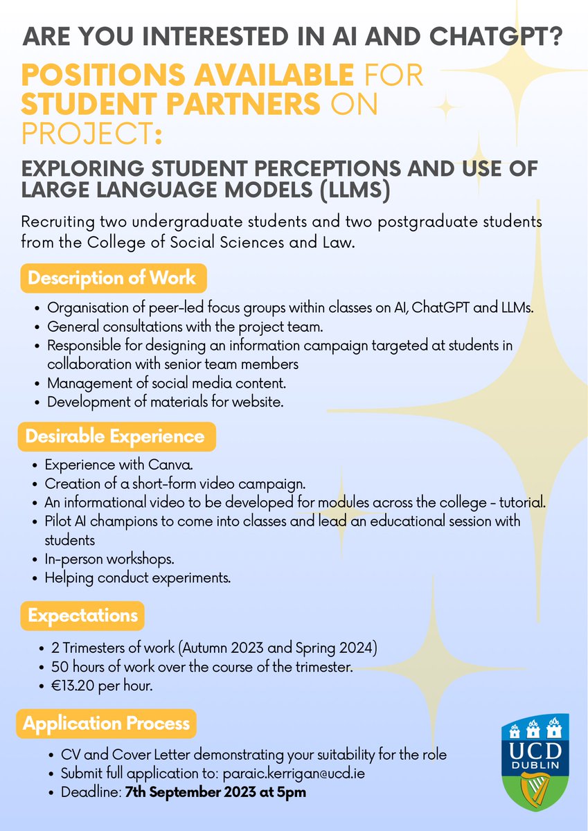 UCD iSchool (@ucd_ischool) on Twitter photo 📢👥Hiring 2 undergrads & 2 postgrad students from <a href="/ucdsocscilaw/">UCD Social Sciences</a>
Interested in ChatGPT & AI?
This project will explore student preceptions & use of #LLMs
Paid | Details below👇Deadline 7 Sept | Pls share
#SATLE <a href="/ParaicKerrigan/">Páraic Kerrigan</a> #studentjob 📢👥Hiring 2 undergrads & 2 postgrad students from <a href="/ucdsocscilaw/">UCD Social Sciences</a>
Interested in ChatGPT & AI?
This project will explore student preceptions & use of #LLMs
Paid | Details below👇Deadline 7 Sept | Pls share
#SATLE <a href="/ParaicKerrigan/">Páraic Kerrigan</a> #studentjob