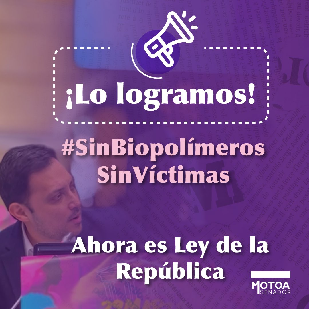 #SinBiopolímerosSinVíctimas || Como miembro del <a href="/SenadoGovCo/">Senado de la República 🇨🇴</a> y ponente único del trámite y aprobación del texto que prohíbe el uso de sustancias modelantes no autorizadas en el país, me complace anunciar que acaba de ser sancionada la Ley 2316 de 2023. 

Se trata de una Ley que