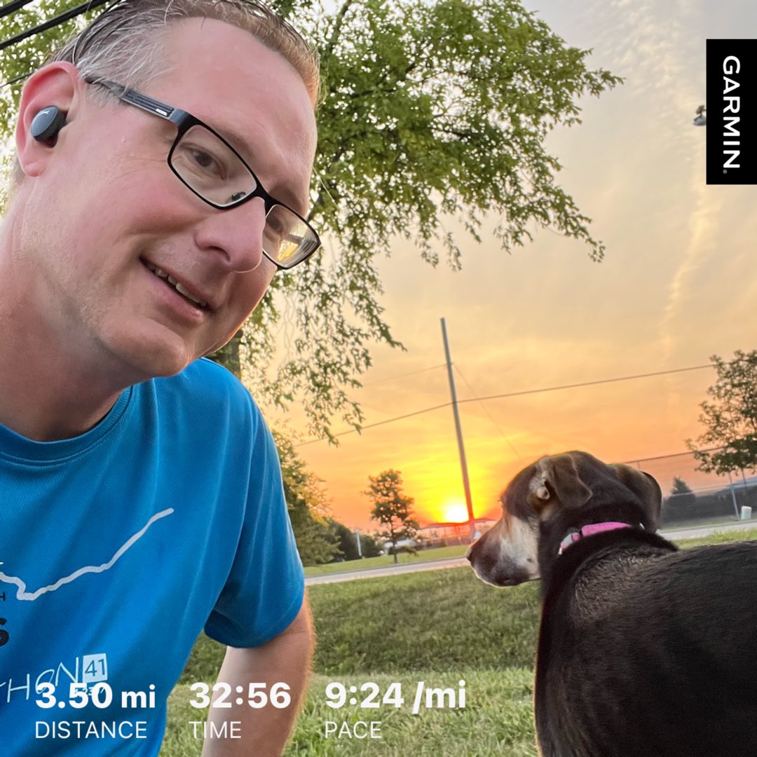 tomrdaniels419's tweet photo. Tuesday morning #MilesWithMira - chasing the sunrise - major negative splits. And half marathon training has accelerated a bit due to a gift from my friend and @bgsumba alum @james44_c! He gifted me a bib for the @RunToledo #MuddyMini half on Sept 24! Thank you James! https://t.co/XLldS2Tz7Y