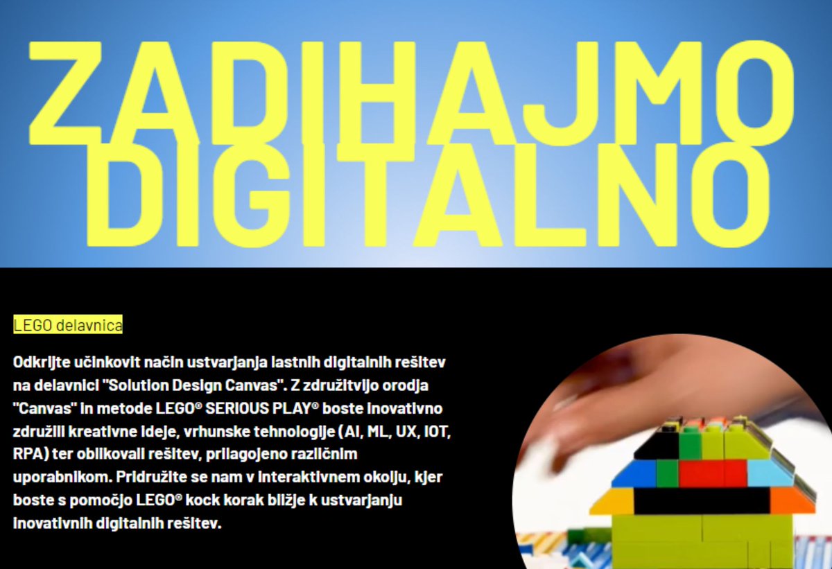 Razkrivamo posebno delavnico na konferenci ZaDIHajmo Digitalno! Pridružite se nam na izjemni delavnici "Solution Design Canvasa" s pomočjo LEGO® SERIOUS PLAY® metodologije! Prijavite se na konferenco še danes: zadihajmo-digitalno.com