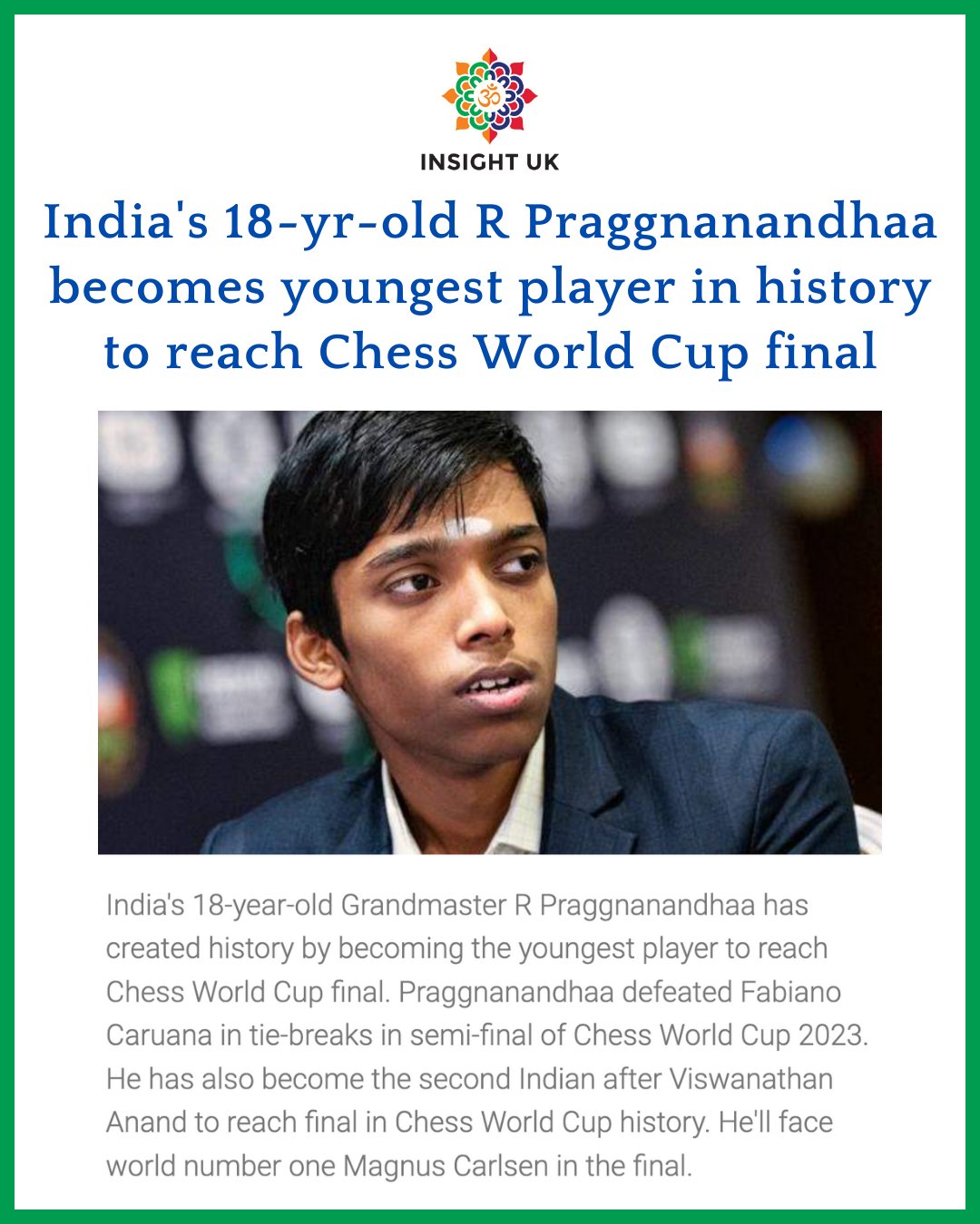 R Praggnanandhaa, India's 18-year-old, becomes youngest player to reach  Chess World Cup final