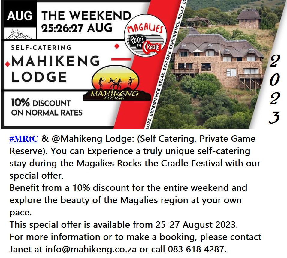 MahikengL's tweet photo. #WeAreAt #ThisEvent ! 25, 26 27 August 2023 ! #Book your #Accommodation #Now !!
#1Hour from @Joburgcoza @MagaliesRocks #MRtC2023 #WeLoveMagalies
#EndOfAugust2023
#WeLoveOurGuests
#SpecialDiscount @ less 10% Accommodation Only #SelfCatering
WhatsApp 083 618 4287 https://t.co/N2SsXUuqBk
