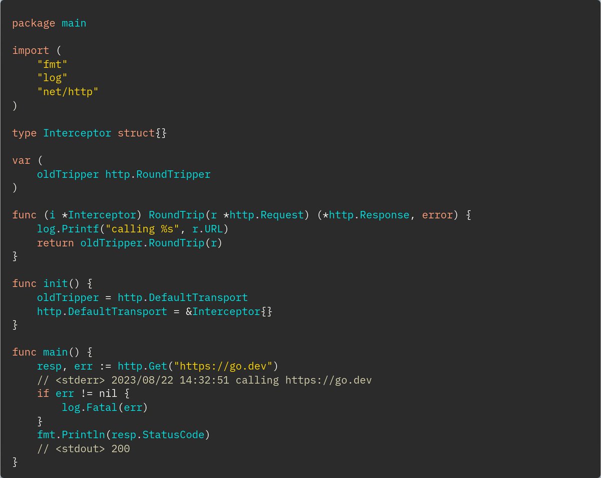 tebeka's tweet photo. TIL (via @jhall_io) that any third party library can intercept all of your HTTP calls. I guess it's time to start using https://t.co/MSkaEuzXOy

#golang #security https://t.co/7rXuoqjzfN