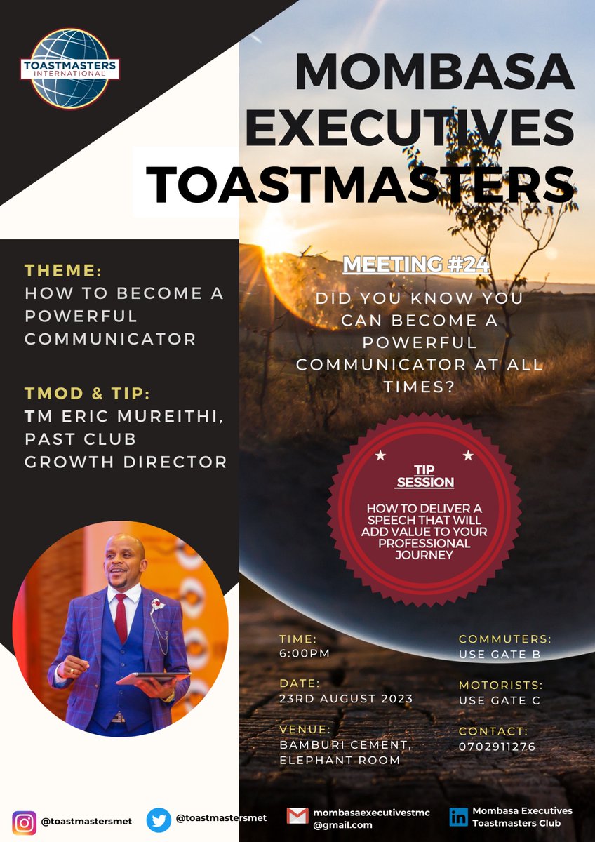 Happening tomorrow! 🥳

📌 Join us for an exciting meeting and a tip session on how to deliver an excellent speech! 

📍Bamburi Cement Mombasa.

Save the date! 🤗

#toastmasters #toastmastermet #communication #publicspeaking #leadership #confidence