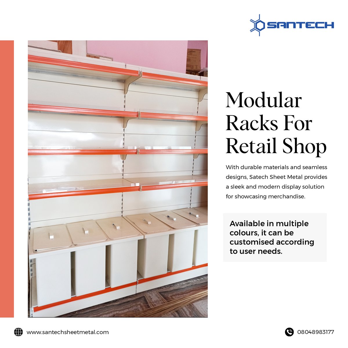 Santech_SheetM's tweet image. Revolutionise your retail space with Santech Sheet Metal&apos;s cutting-edge #modularracks! These versatile racks are designed to maximise your store&apos;s efficiency and style.
.
Visit our website: santechsheetmetal.com/retail-shops-d…
.
#SantechSheetMetal #RetailRacks #DisplayRacks #storeracks
