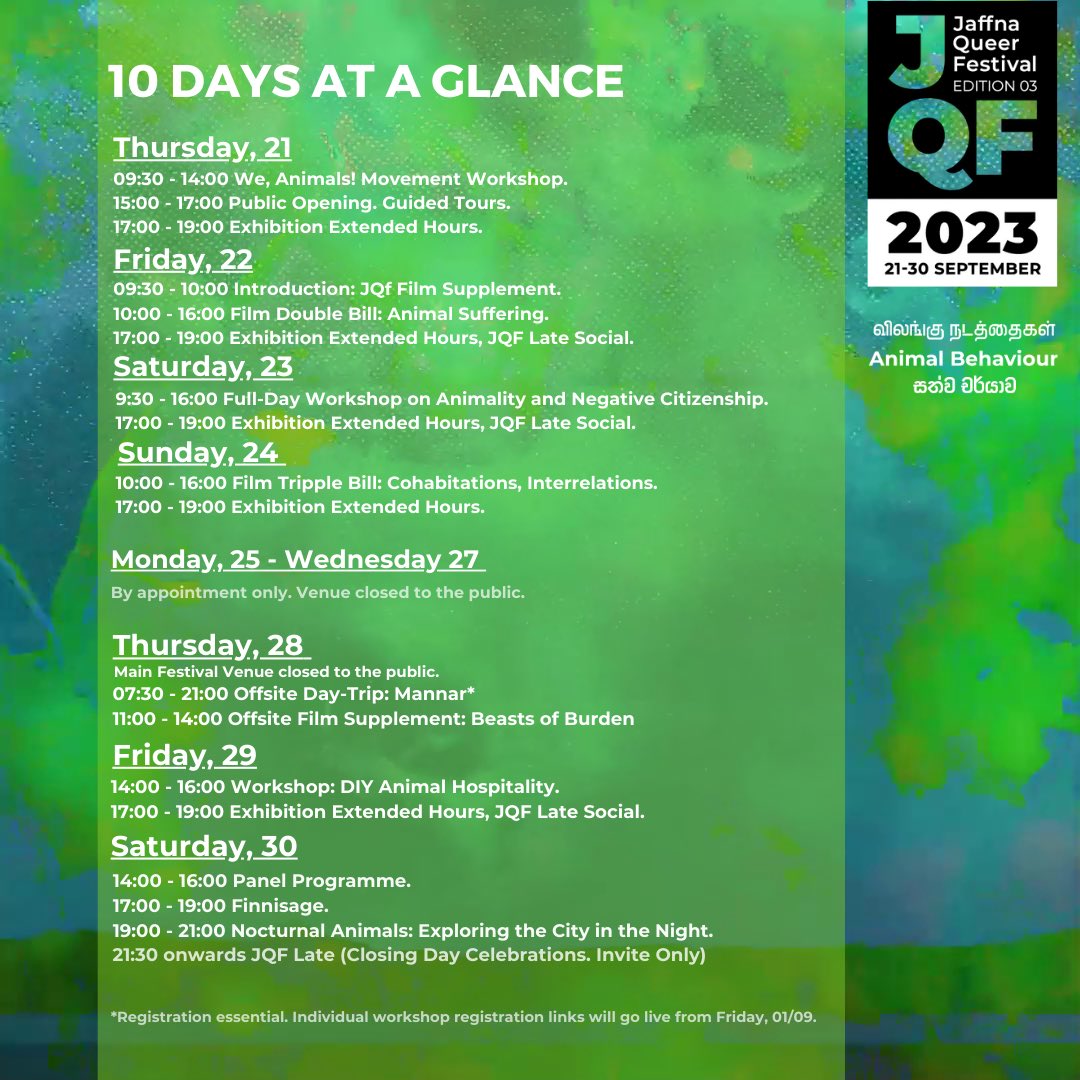 jaffnaqueerfest's tweet photo. 30 Days to go!
We are pleased to announce the programme list for JQF Edition 03: Animal Behaviour. A 10-day immersion in literature, film, sound, and visual arts. Please save the dates. More detailed information and workshop registration links will go live on 01/09.
#jqf03 https://t.co/5zCSl76clC