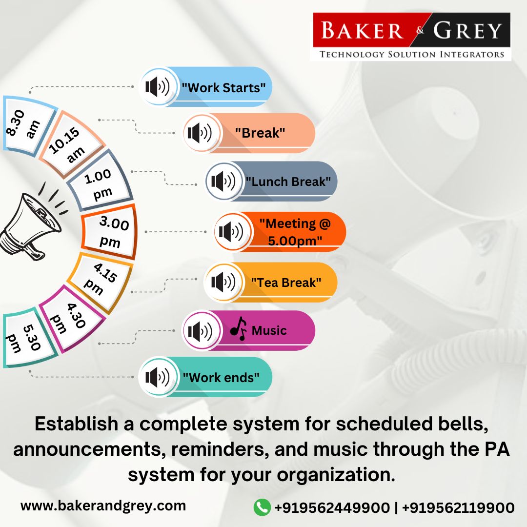 bakerandgrey's tweet photo. Setup Prescheduled Bells, Audio Announcements, Reminders and work time music at your Organisation. Contact+919562449900, +919562119900.      #PASystem #IndustrialCommunication #EmergencyCommunication #AV #PA #ELV #UnifiedComunications #BakerAndGrey #AllIndia #Kerala https://t.co/4bO2KBcPT5