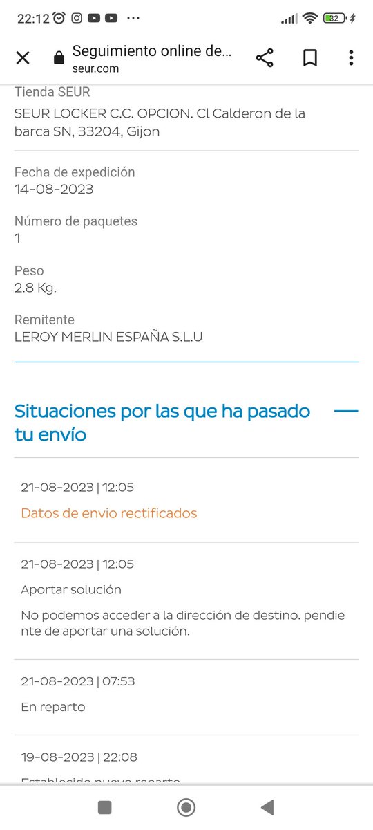 riesgho's tweet photo. @SEUR_responde Desde el día 16 intentando que me entreguen un pedido de @leroymerlin_es  
Las primeras veces me ponía que estaba ausente,cuando no salí de casa.Programo una entrega para ayer, toda la mañana en casa y de nuevo nada. Ahora pone que no pueden acceder a la dirección https://t.co/Ep6ESR1hpY