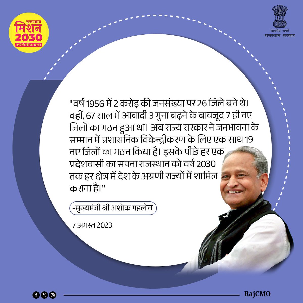 राज्य सरकार ने जनभावना के सम्मान में प्रशासनिक विकेन्द्रीकरण के लिए एक साथ 19 नए जिलों का गठन किया है। इसके पीछे हर एक प्रदेशवासी का सपना राजस्थान को वर्ष 2030 तक हर क्षेत्र में देश के अग्रणी राज्यों में शामिल कराना है: CM <a href="/ashokgehlot51/">Ashok Gehlot</a> 

#Mission2030Rajasthan