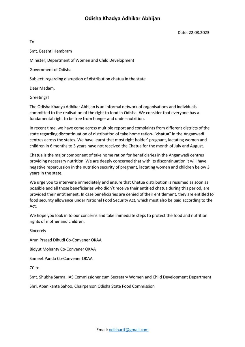 We have come across multiple media reports and complaints regarding non distribution of Chatua in the month of July and August in the #AWCs in Odisha. We urged the <a href="/BasantiHembram7/">Basanti Hembram</a> hon'ble minister <a href="/WCDOdisha/">Department of WCD, Government of Odisha</a> to intervene immediately  and ensure its smooth distribution