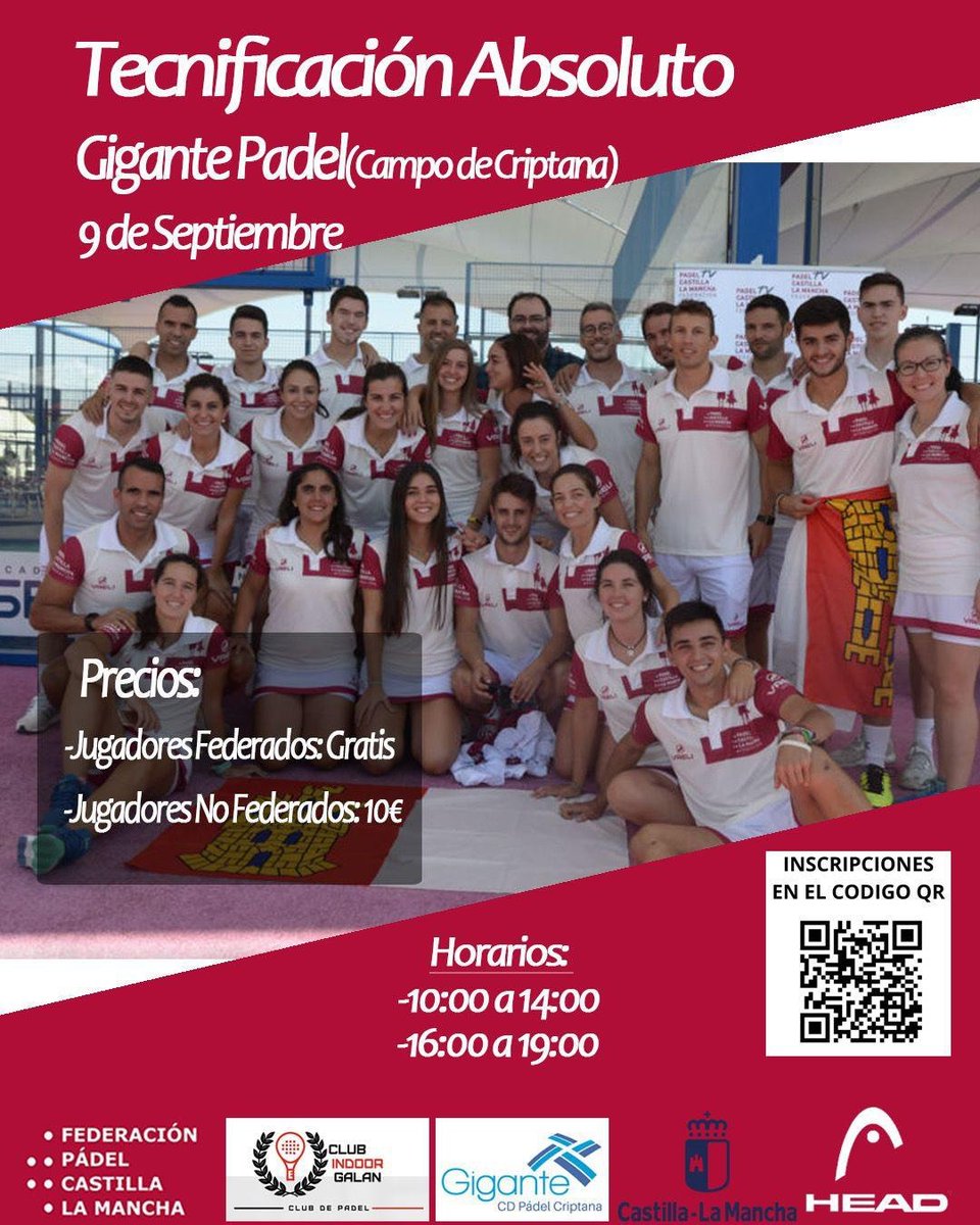 FED. PADEL CLM (@fpclm) on Twitter photo El próximo 9 de septiembre en @clubindoorgalan tendrán lugar las tecnificaciones Absolutas tanto femenina como masculina.
Esta tecnificación será abierta y podrás inscribirte a través de la página de la federación.
@clubindoorgalal
<a href="/HEAD_PADEL/">HEAD PADEL</a>
<a href="/deportesclm/">Deportes Castilla-La Mancha</a>
#deportefederado El próximo 9 de septiembre en @clubindoorgalan tendrán lugar las tecnificaciones Absolutas tanto femenina como masculina.
Esta tecnificación será abierta y podrás inscribirte a través de la página de la federación.
@clubindoorgalal
<a href="/HEAD_PADEL/">HEAD PADEL</a>
<a href="/deportesclm/">Deportes Castilla-La Mancha</a>
#deportefederado