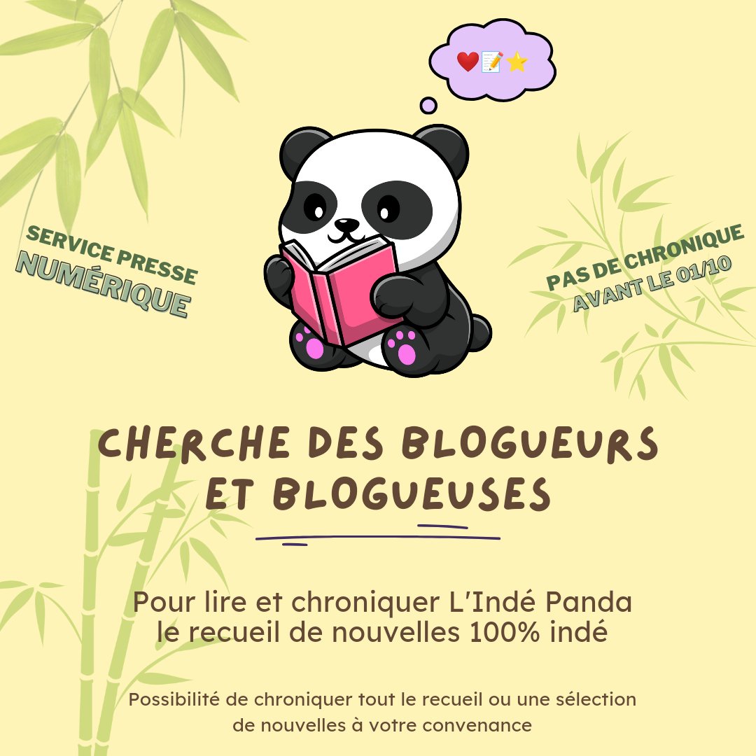 🔎 Nous recherchons de jolies plumes pour chroniquer notre tout nouveau recueil de nouvelles 100% indé. 

Ça vous tente ? 11 nouvelles aux genres variés, au format epub ou mobi. 
⚠️Votre avis ne devra être posté qu'après le 1er octobre
 Contact : MP / mail lindepandamag@gmail.com