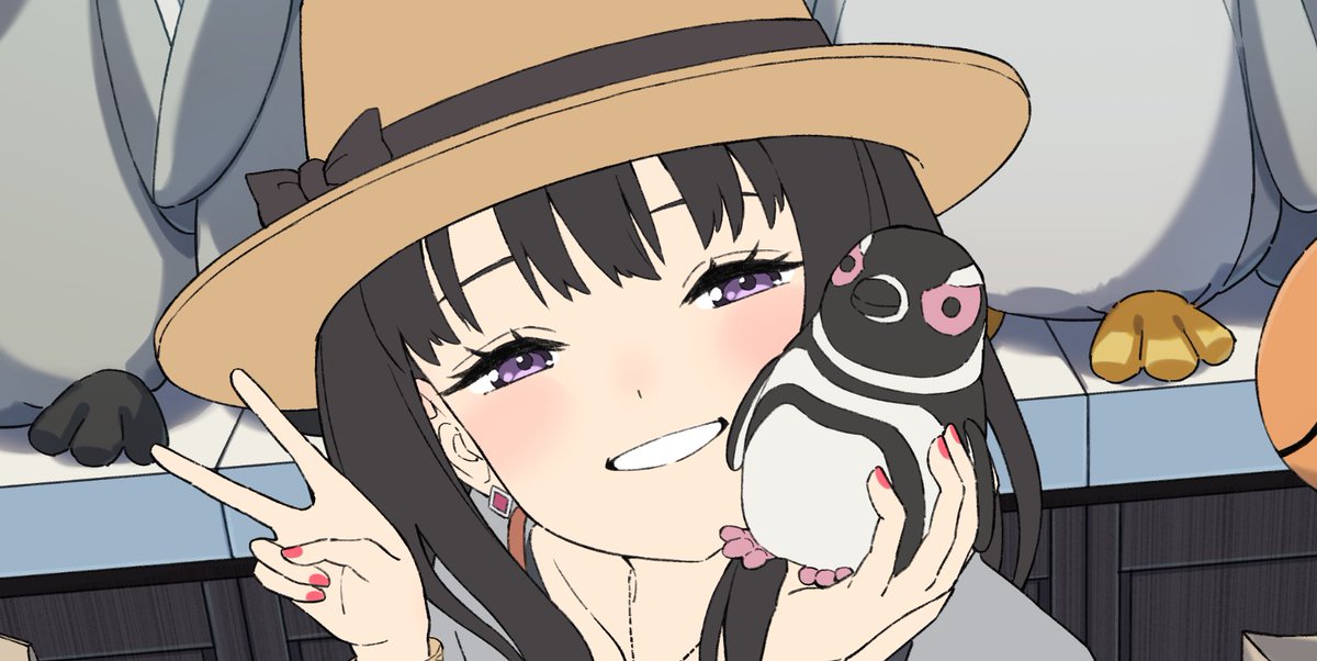 1girl penguin hat jewelry black hair v smile  illustration images