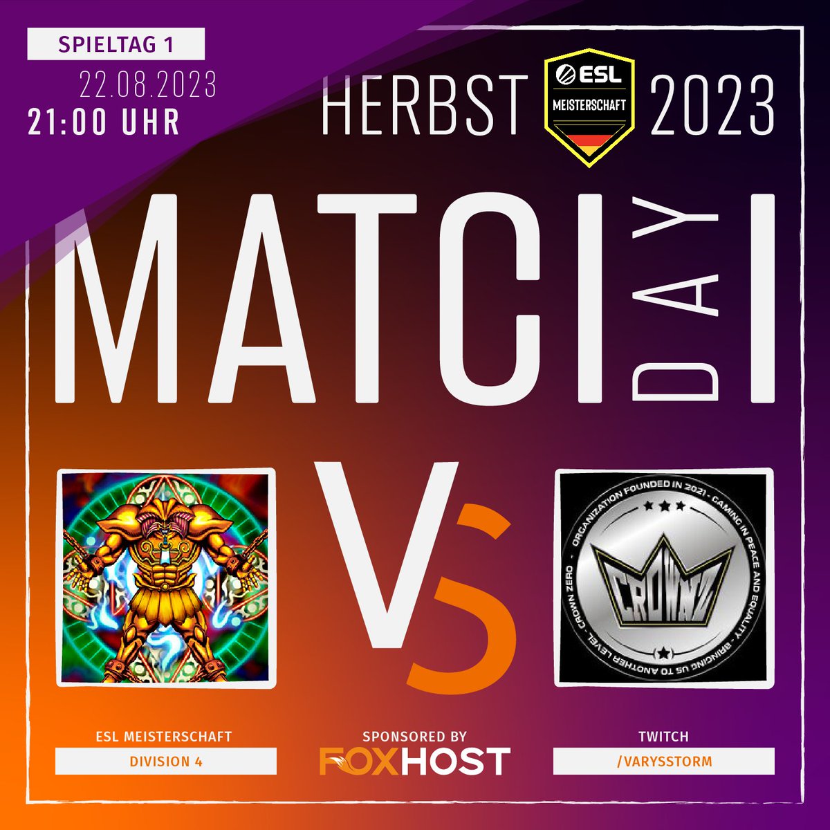 Matchday! #Exodiapeek trifft am ersten Spieltag der #ESLMeisterschaft der <a href="/ESLGermany/">ESL Germany</a> auf die Jungs von <a href="/CrownZero_CwZ/">Crown Zero 👑</a>! Eins der stärksten Lose direkt zum Beginn motiviert die Jungs aber nur zusätzlich!

Gecastet wir das Ganze von <a href="/StormVarys/">Varys</a> ab 20:50 auf twitch.tv/varysstorm!