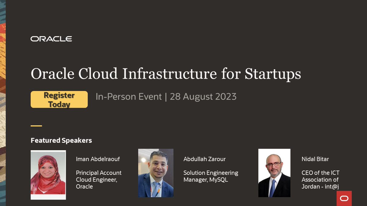 intajICTJO's tweet image. You are invited to join the biggest event for #Oracle_Cloud designed for #Jordanian_Startups
✅Gain insights into utilizing #OCI to accelerate #innovation 
✅Leverage multi-cloud & #DevOps practices &more
Book your seat today👇
bit.ly/OCI4Startups
#oracle #OCI #cloud #MySQL