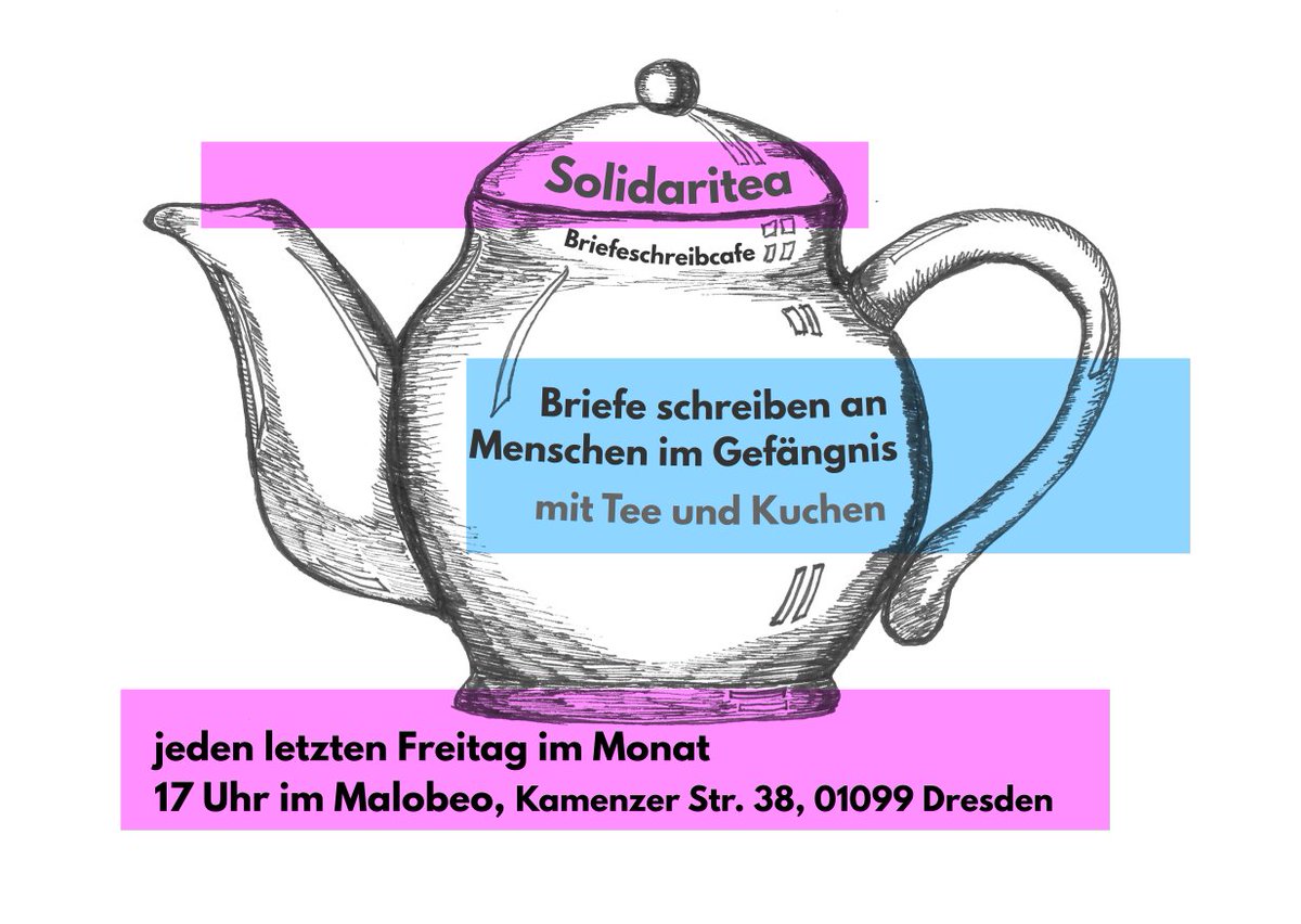 abc_dresden's tweet photo. 25.08. – SOLIDARITEA - event in #Dresden for International Week of Solidarity with Anarchist Prisoner
@ Malobeo – Kamenzerstr. 38, 01099 Dresden
17 Uhr – Input zu anarchistischen Gefangenen und gemeinsam Briefe schreiben
18:30 Uhr – Essen für Alle
#woswap2023 #woswap https://t.co/0OHGimSP6S