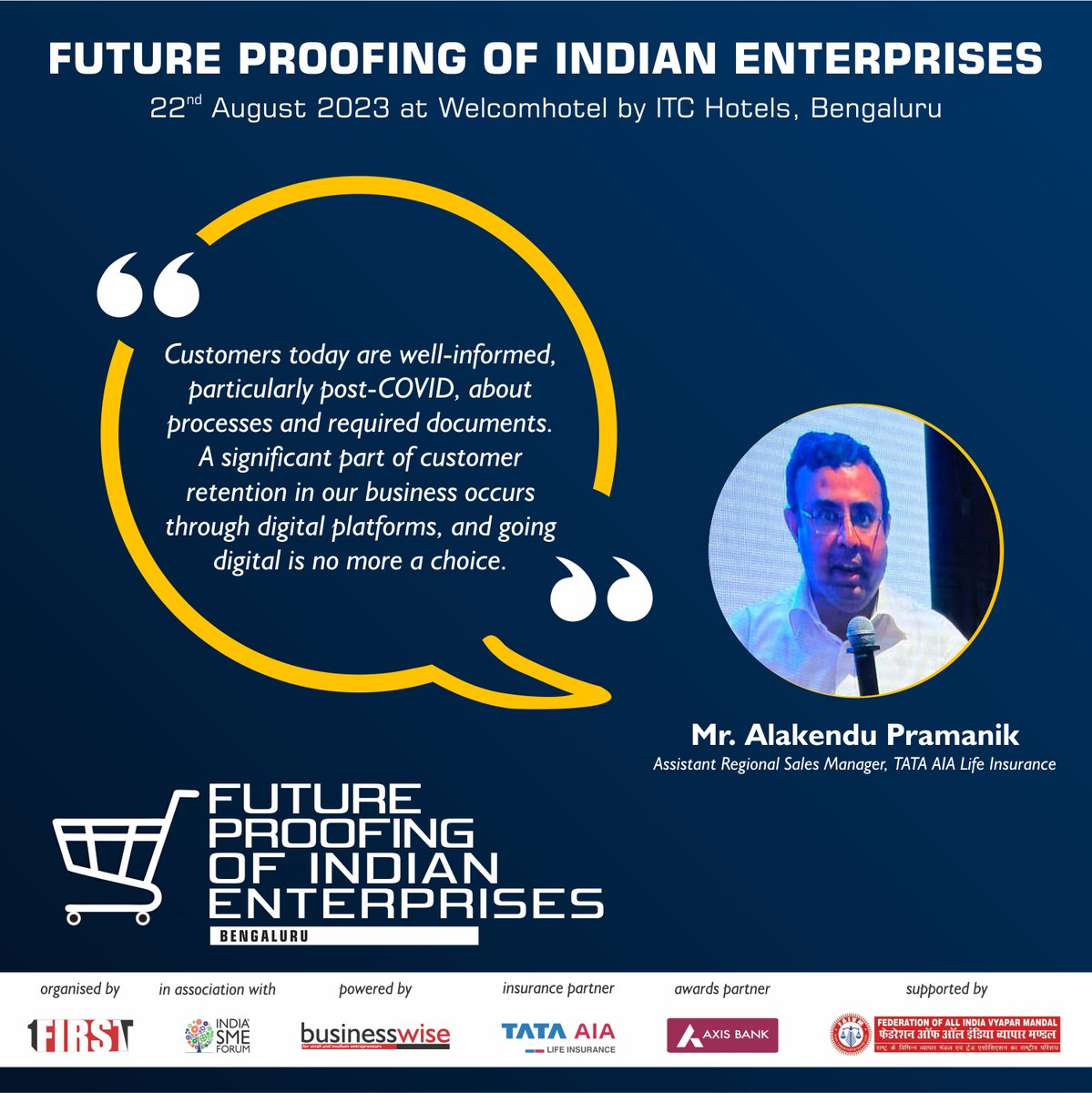 1stindiaorg's tweet photo. Mr.Alakendu Pramanik, @TataAIA_Life,speaking at the Session: Reimagining Customers,Embracing Digital Revolution and Building Supply Chain Resiliency for MSMEs at the FPIE in Bengaluru on 22nd August 2023. #futureproofretail #FIRST
@SMEForumIndia @1stindiaorg https://t.co/ny1QfwnsBf