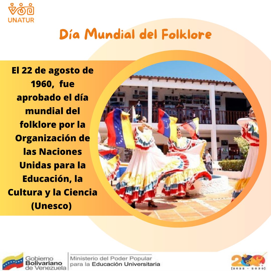 La Universidad Nacional de Turismo, felicita a todos los cultores que hacen vida con el Folklore Venezolano ✨

La UNESCO aprobó hace 63 años el Día Mundial del Folklore🌹