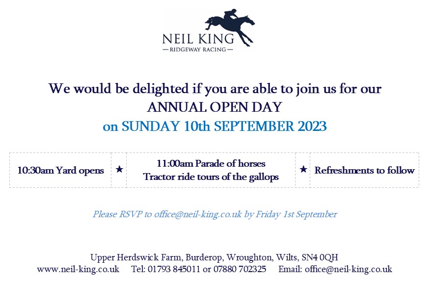 Neil King (@neilkingracing) on Twitter photo We are looking forward to hosting our annual Open Day on 10th September. If you might be interested in buying a share of a horse, or joining our Racing For Fun Partnership, please RSVP and we’d be delighted to welcome you to Upper Herdswick Farm. We are looking forward to hosting our annual Open Day on 10th September. If you might be interested in buying a share of a horse, or joining our Racing For Fun Partnership, please RSVP and we’d be delighted to welcome you to Upper Herdswick Farm.