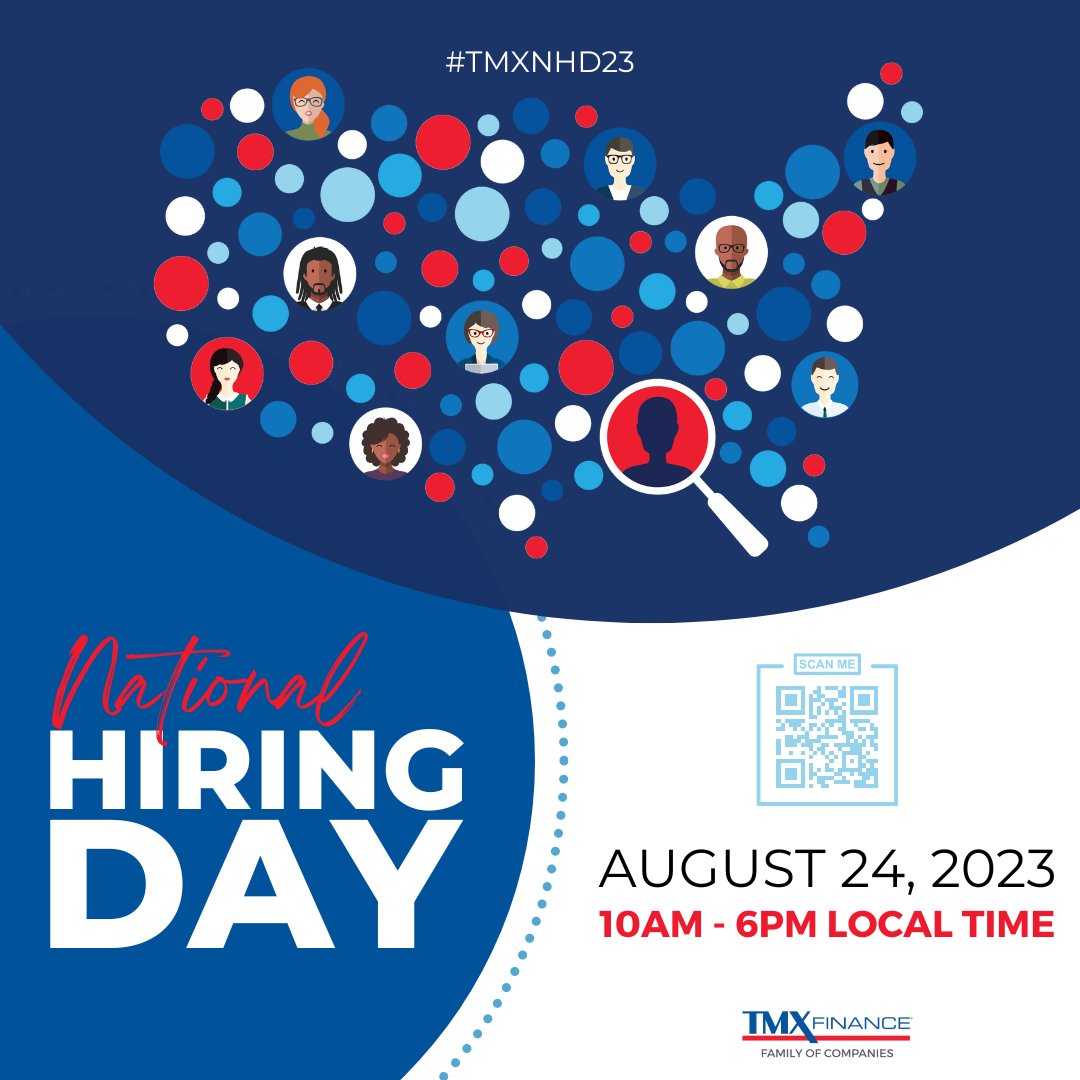 Our National Hiring Day event is in TWO DAYS! Join us THIS THURSDAY at any TitleMax®, TitleBucks®, or InstaLoan® from 10am-6pm local time for open interviews &amp; potential on-the-spot-offers for certain positions! Learn more about who we are &amp; what we do. >> bit.ly/tmxnhd23