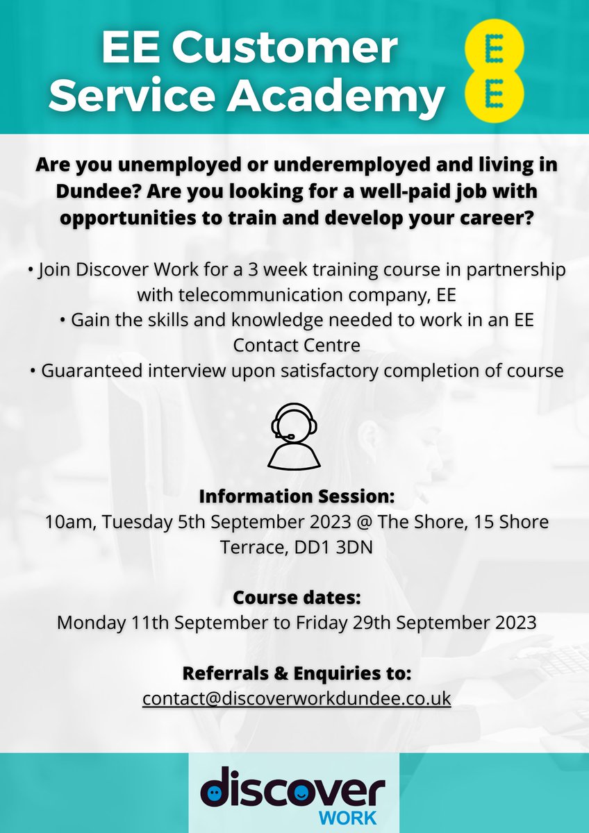 The Discover Work Partnership is running a Customer Service Academy in partnership with EE. There will be an information session at The Shore on 05/09 where we will be joined by EE. This session will give you the opportunity to find out what is included during the 3 week course