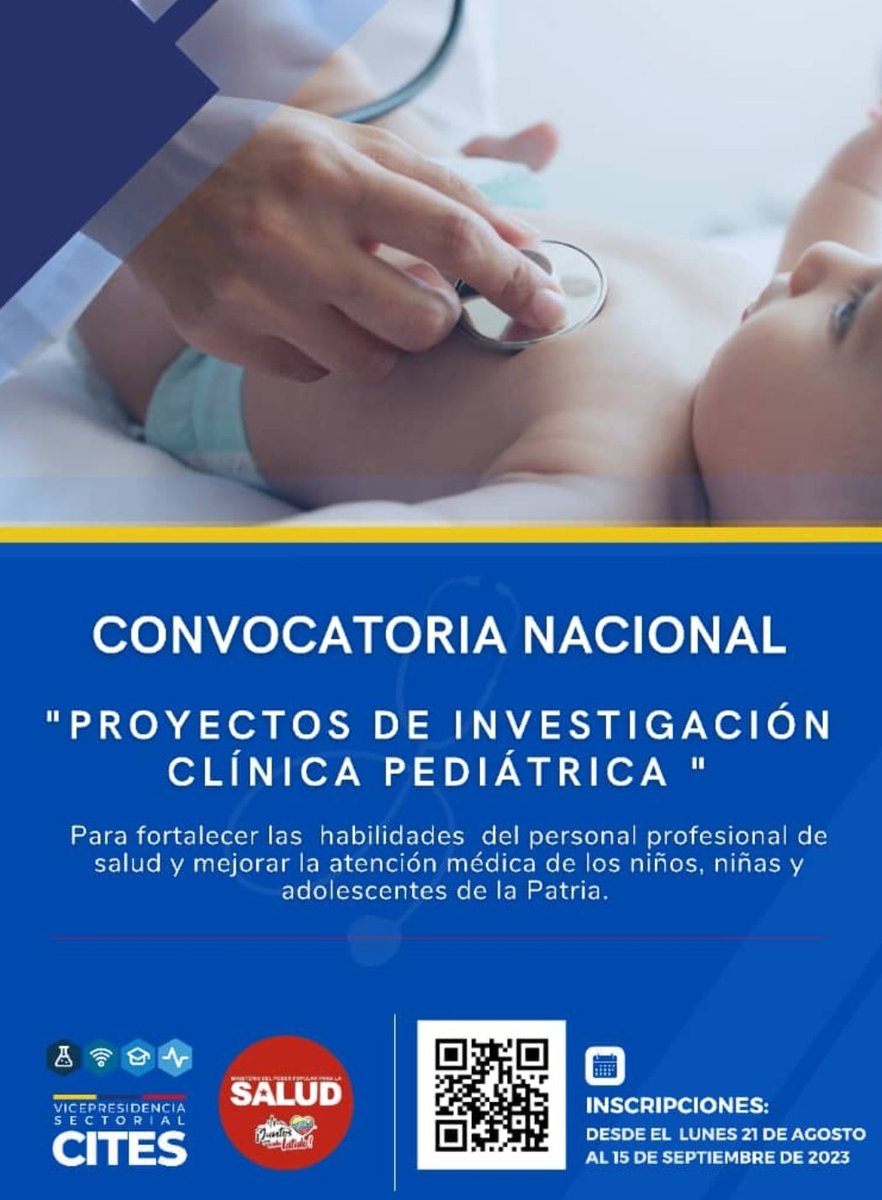 CONVOCATORIA NACIONAL DE INVESTIGACIÓN PEDIÁTRICA

El Gobierno Bolivariano convoca a la formulación de proyectos de investigación dando continuidad a las actividades realizadas en el Congreso Nacional de Pediatría 2023.

Esta convocatoria de Investigación en Pediatría busca