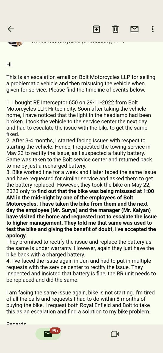c_pratheek's tweet photo. @sidlal  @royalenfield  @EicherMotorsLtd 
I bought my Interceptor in Nov'22 and have faced an issue with the bike ever since. Please find the details in screenshots.
It SHALL BE NOTED THAT WHEN GIVEN FOR REPAIR, SERVICE TECHNICIAN HAS MISUSED THE VEHICLE AT NIGHT 1 AM https://t.co/PPciecUPmj