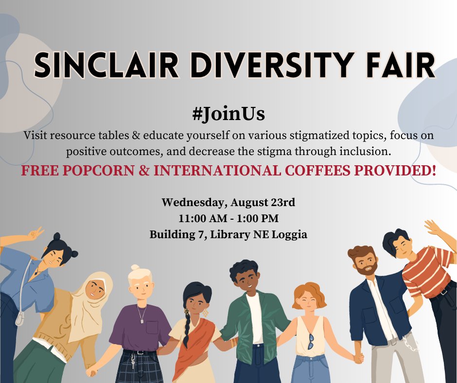 SinclairEngage's tweet image. Tomorrow! Grab a bag of popcorn and a cup of international coffee and check out the resource tables at the Sinclair Diversity Fair. #JoinUs #SinclairDiversityFair #WelcomeWeek #SinclairCollege @SinclairCC @sinclairclarion