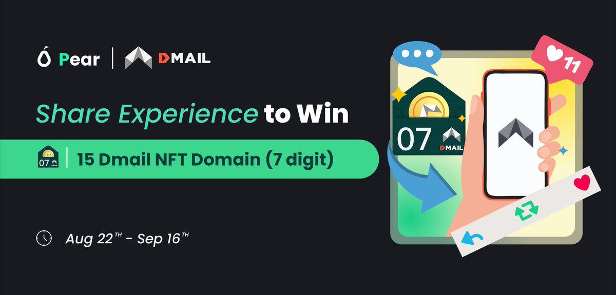 🎉#PearDAO x <a href="/Dmailofficial/">DMAIL.AI</a> Campaign🎉

🥳Share your experiences using Dmail or PearDAO and WIN 15 Dmail NFT Domain (7 Digit)

🎁Prize: 15 Dmail NFT Domain (7 Digit)
⏰Aug 22th ~ Sep 16th

Complete all quests👇🏻
app.questn.com/quest/80687189…