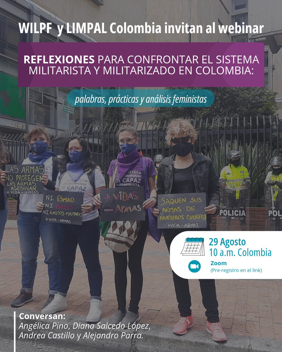 LIMPALCOLOMBIA's tweet photo. ⚠️ Conéctate y conversemos de la militarización de las masculinidades en #Colombia y la normalización de la violencia.
📆29 de agosto. 10 am. Vía Zoom
👇Inscríbete en:
https://t.co/cMfbURxWjc
#MMFP #FeministPeace @WILPF
@Peace_Women https://t.co/S10w1bOgsw