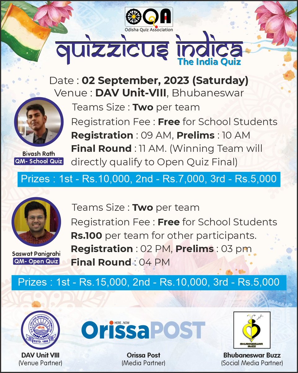 See you all next Saturday for Quizzicus Indica: The India Quiz 📌

#bhubaneswarbuzz @BBSRBuzz @OrissaPOSTLive