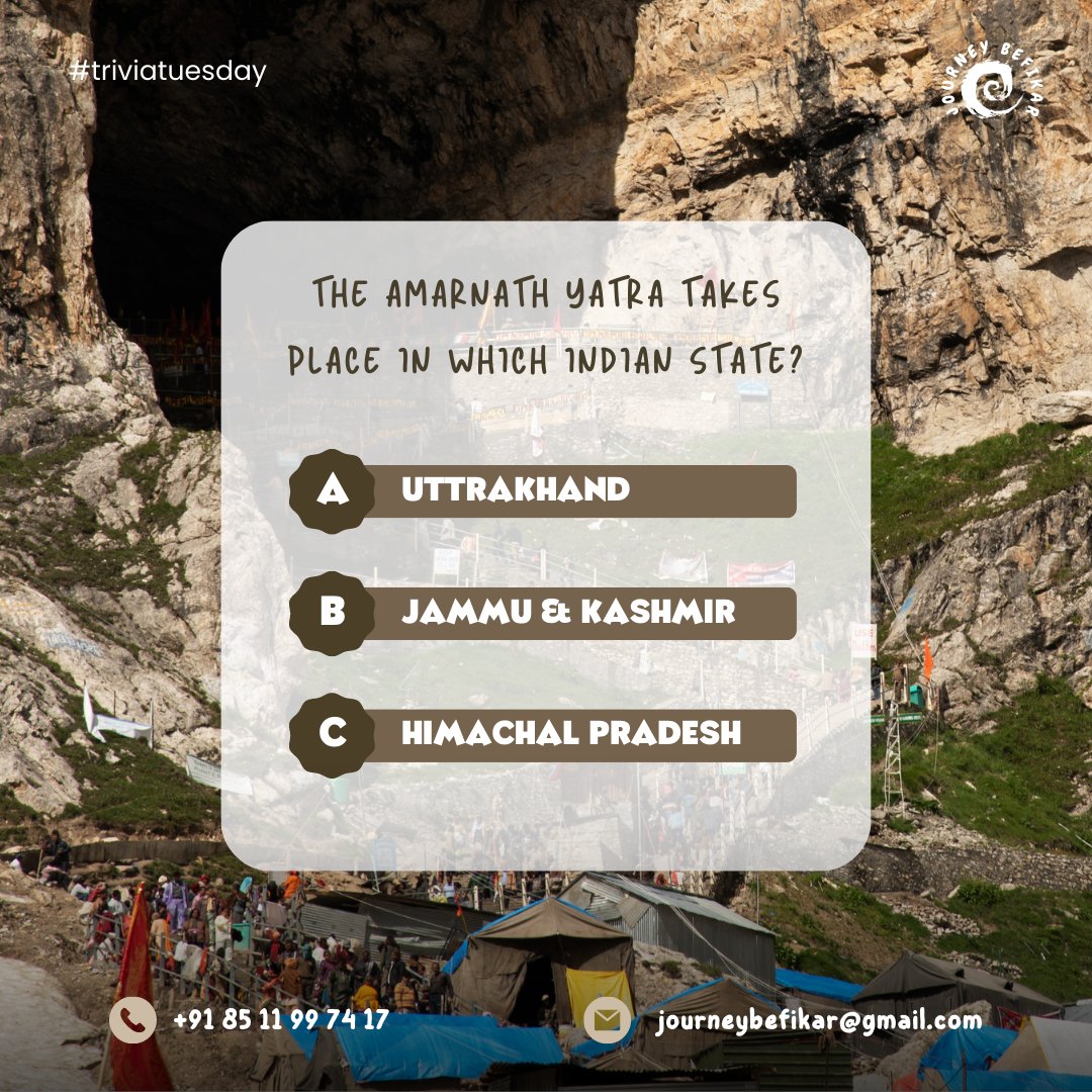 JBefikar's tweet photo. 🏞️ Journey to divine heights, a yatra truly great,
In which Indian state does it orchestrate?
Guess the land where devotees congregate,
Comment your answer, don't be late! ⛰️🙏
#amarnath #AmarnathYatra  #kashmir #himachal #uttarakhand #shiva #yatra #journey #journeybefikar #india https://t.co/5mL523UGY0