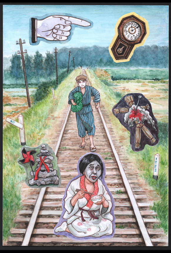 #寺山修司 没後40年記念展 「田園に死す」
#ビリケンギャラリー

記憶の鉄道を走る絵の裏へは鉄板を貼り、9つの記憶のパーツにはそれぞれ磁石を埋め込みました。
好きなように貼ったりはがしたりして過去を捏造して遊べます。
パーツには仏壇や雛壇も入れたかったけど、大きすぎるんで諦めました。 