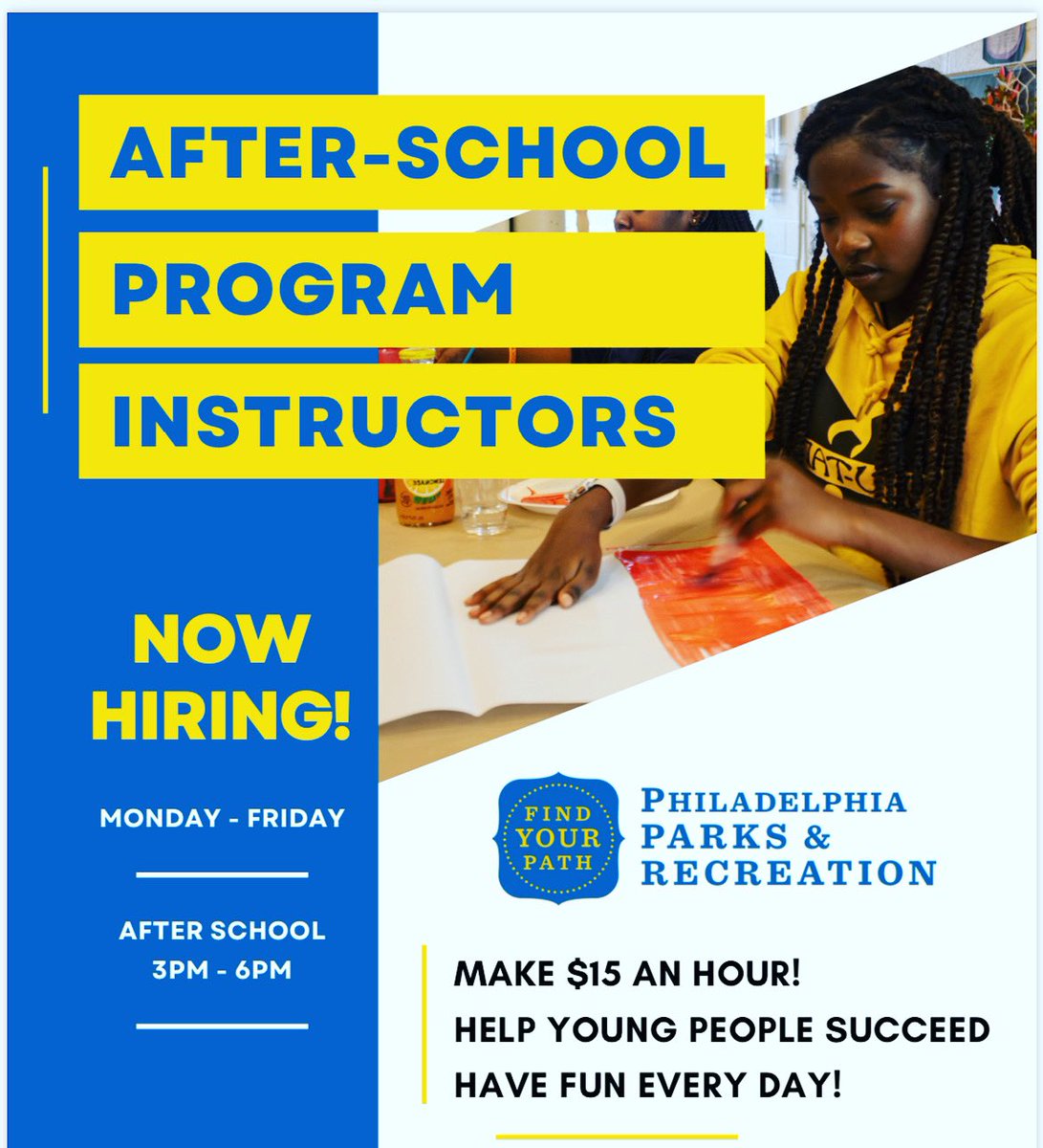 PhilaParkandRec's tweet photo. Join the best after-school team in Philly! 

The countdown to a new school year has begun, and Parks &amp; Rec after- school programs are hiring across the city!  

Apply today! Email resumes to parksandrecreation@phila.gov 
Subject line: After-school jobs https://t.co/3cHXqV5hYW