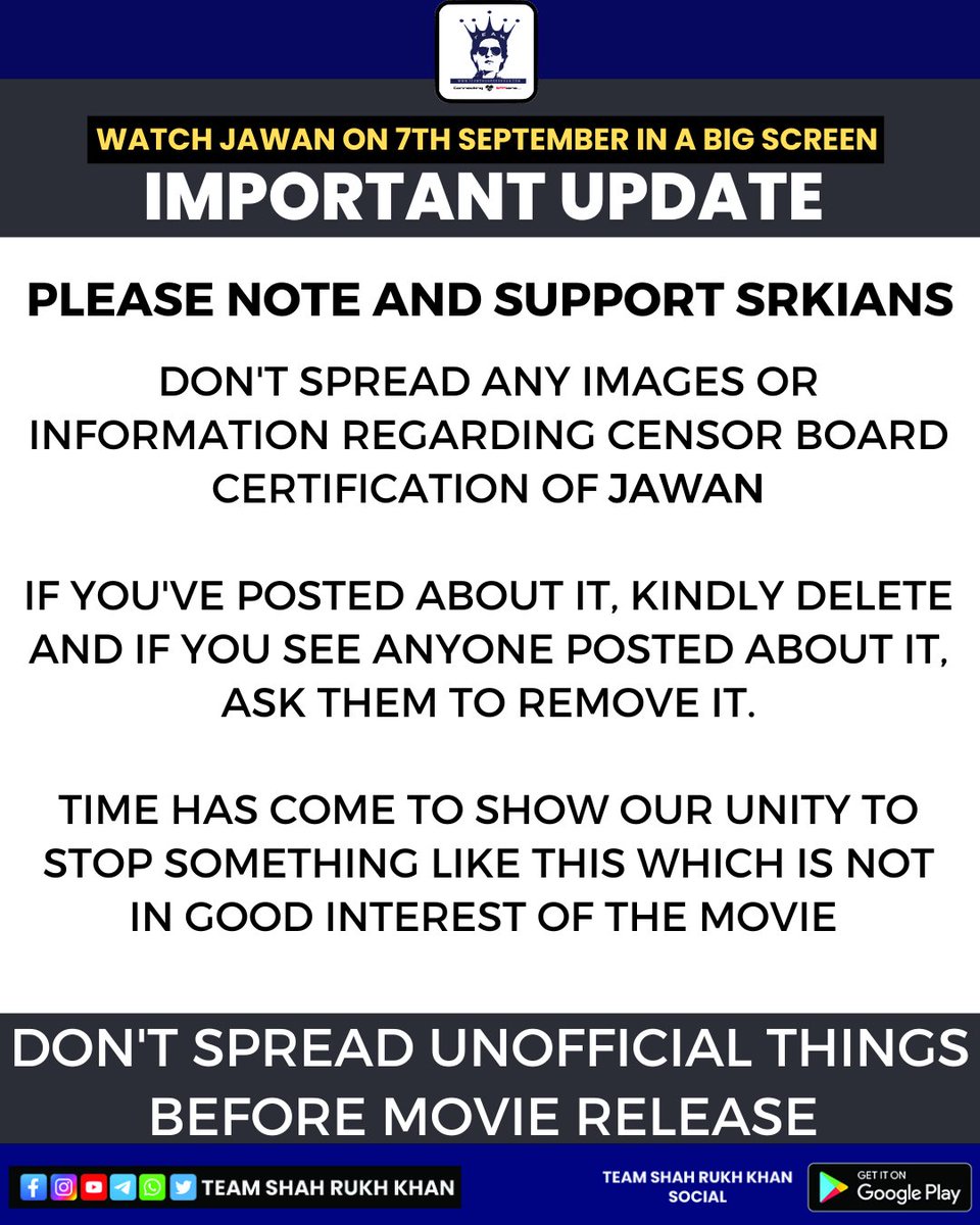 teamsrkfc's tweet photo. IMPORTANT UPDATE:

SHARE AND SUPPORT 🙏

#Jawan #ShahRukhKhan https://t.co/94dRsrHR5c