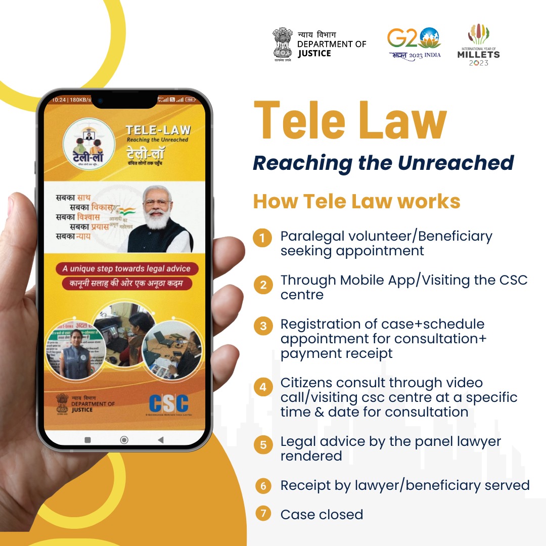 Bridging Justice Gap, Enabling Accessibility! Empowering Marginalized Communities: Department of Justice collaborates with CSC e-Governance for #TeleLaw. Free Legal aid goes digital as panel lawyers offer advice through CSCs via video-conferencing.